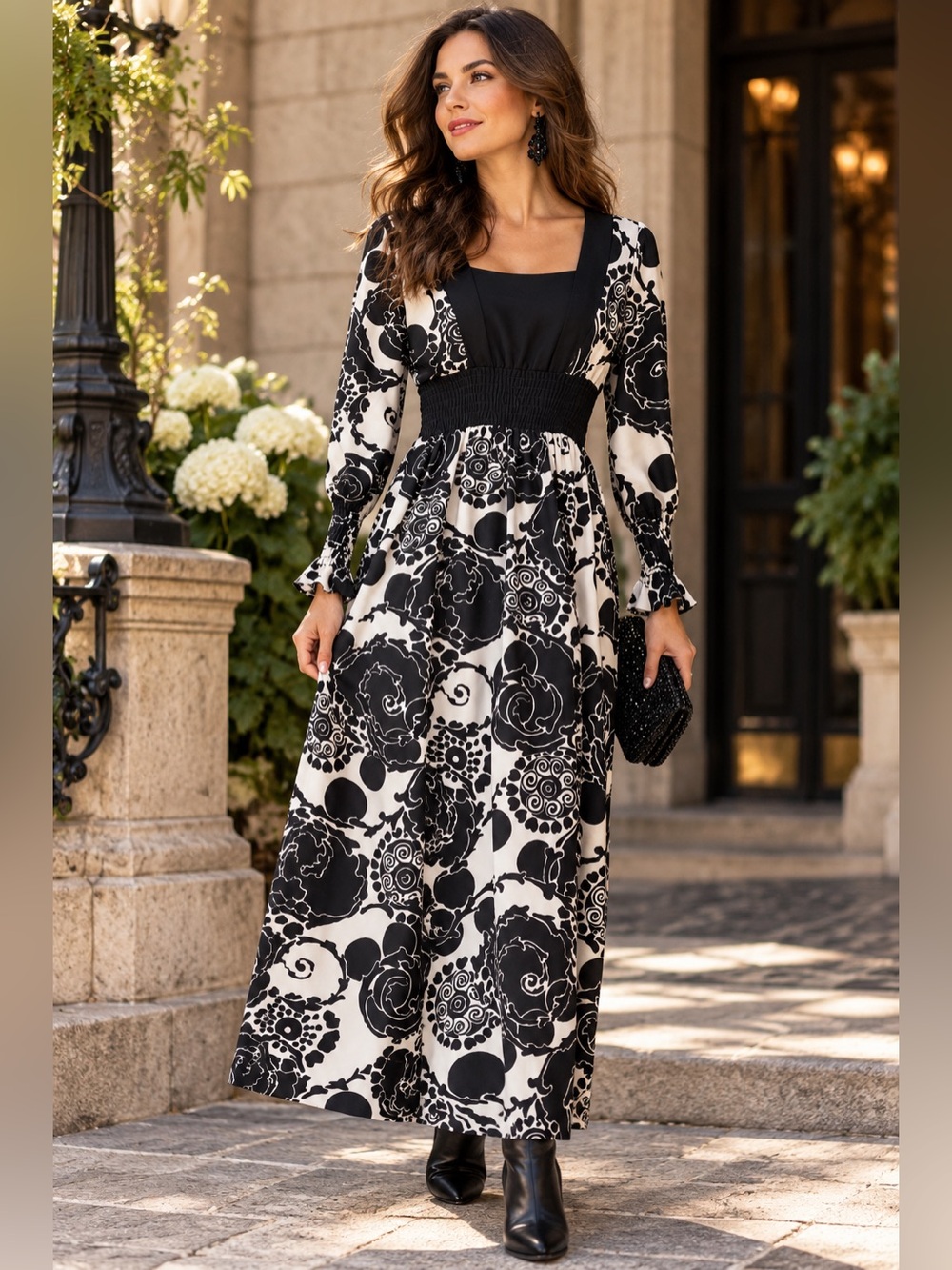 Vintage Black & White Floral Maxi Dress – Shirred Bodice & Cuffs Boho Glam